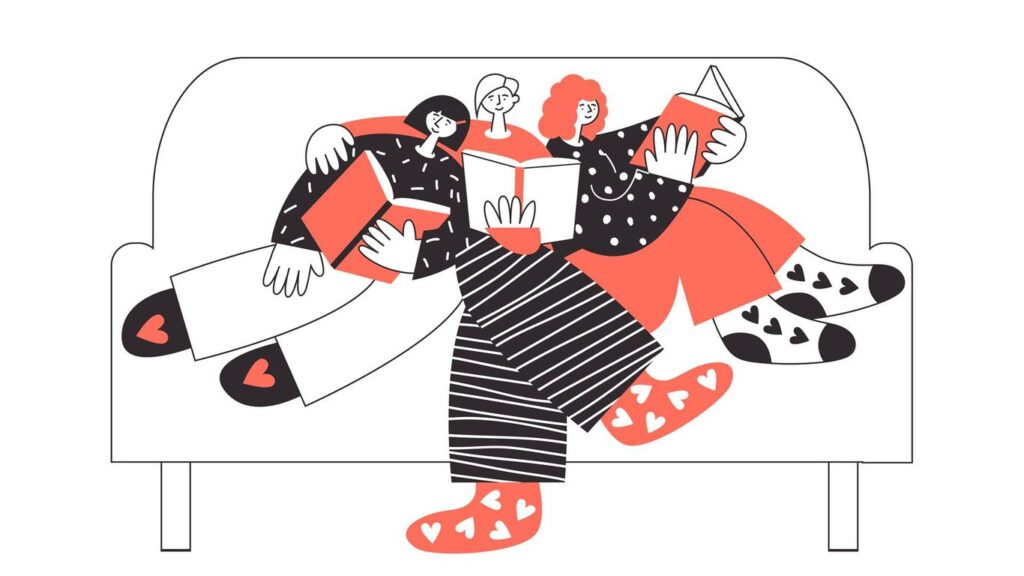 drawing of three women snuggled together reading on a couch
