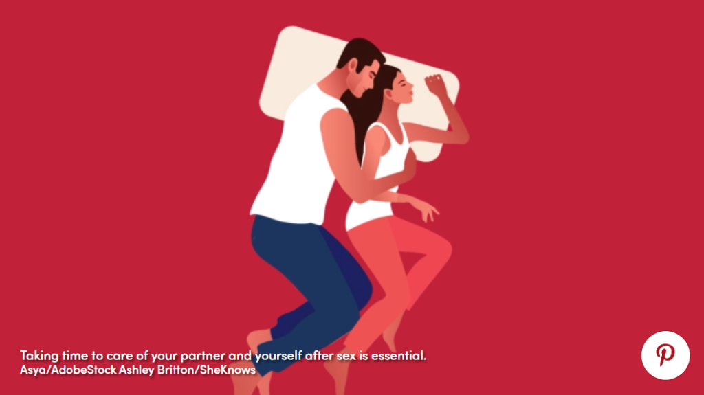graphic of man and woman cuddling together on a red bed
