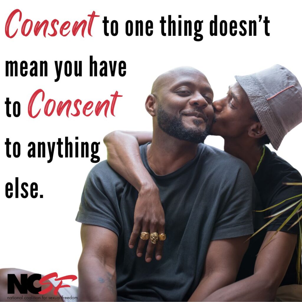 Same sex couple with caption "Consent for one thing, doesn't mean you have consent to anything else"
