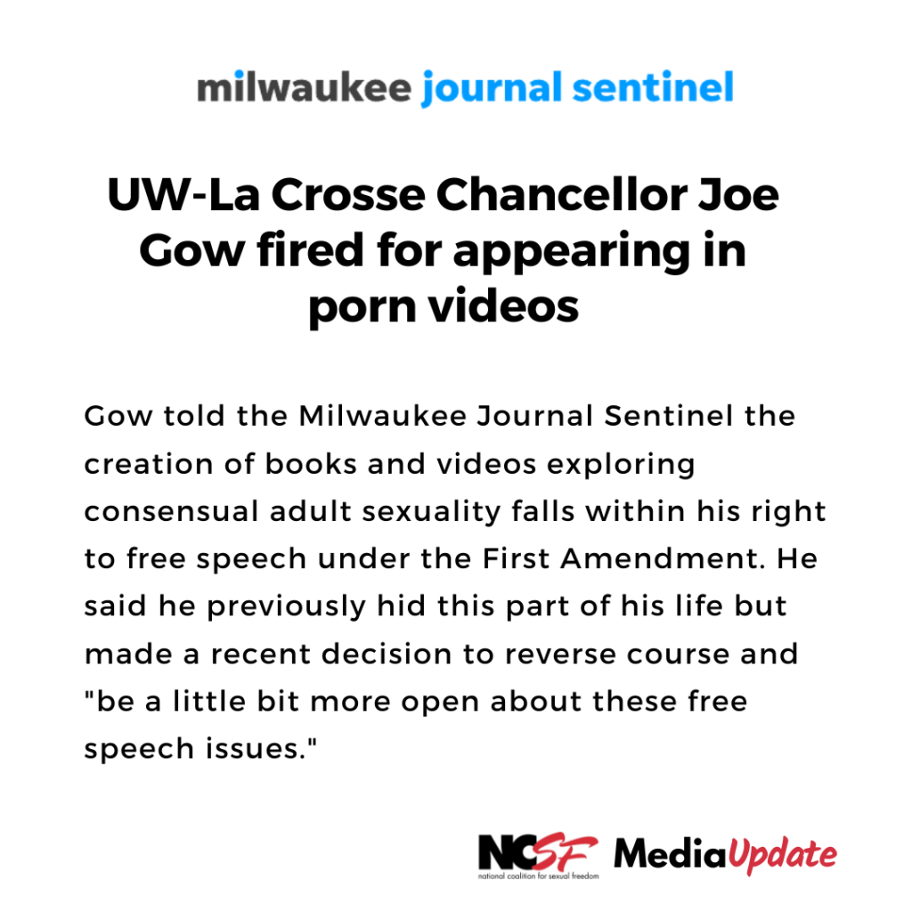 Gow told the Milwaukee Journal Sentinel the creation of books and videos exploring consensual adult sexuality falls within his right to free speech under the First Amendment. He said he previously hid this part of his life but made a recent decision to reverse course and "be a little bit more open about these free speech issues."